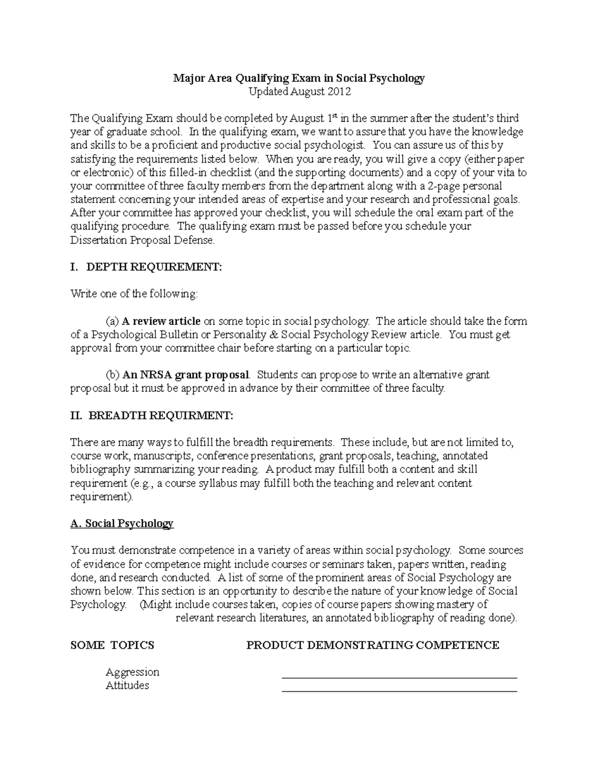 Qualifyingexamdescription Major Area Qualifying Exam in Social