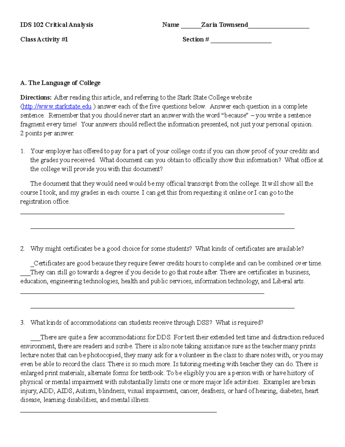 IDS 102 Class Activity 1 - IDS 102 Critical Analysis Name Zaria ...