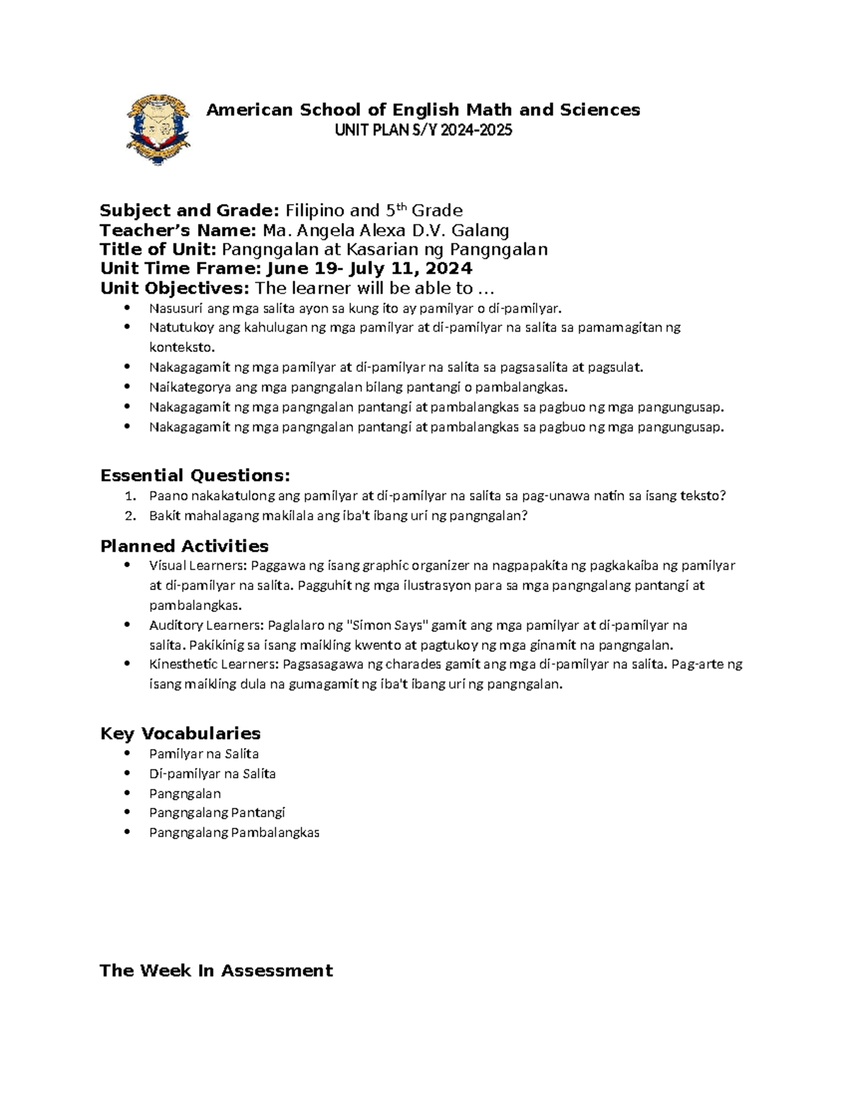 5th Grade Filipino 1Q-Unit Plan-Midterm-PBL - American School of ...