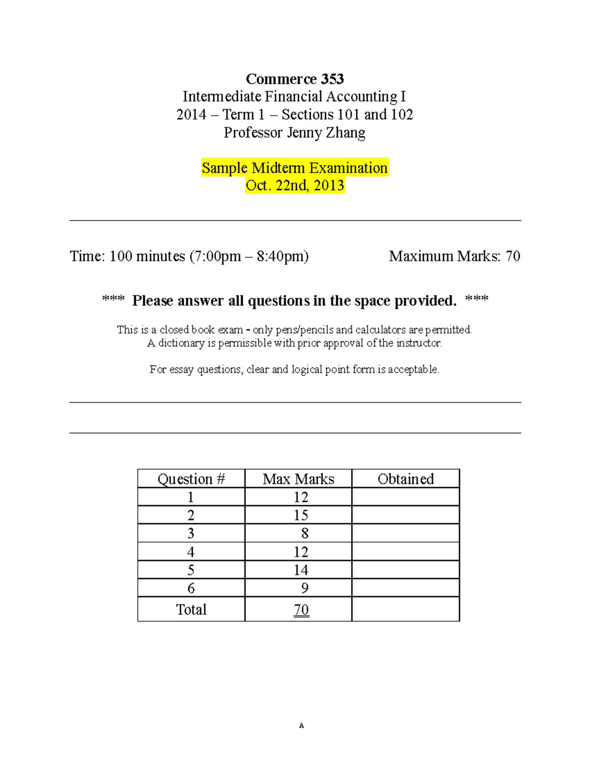 Sample/practice exam 22 October 2013, questions and answers - Commerce ...