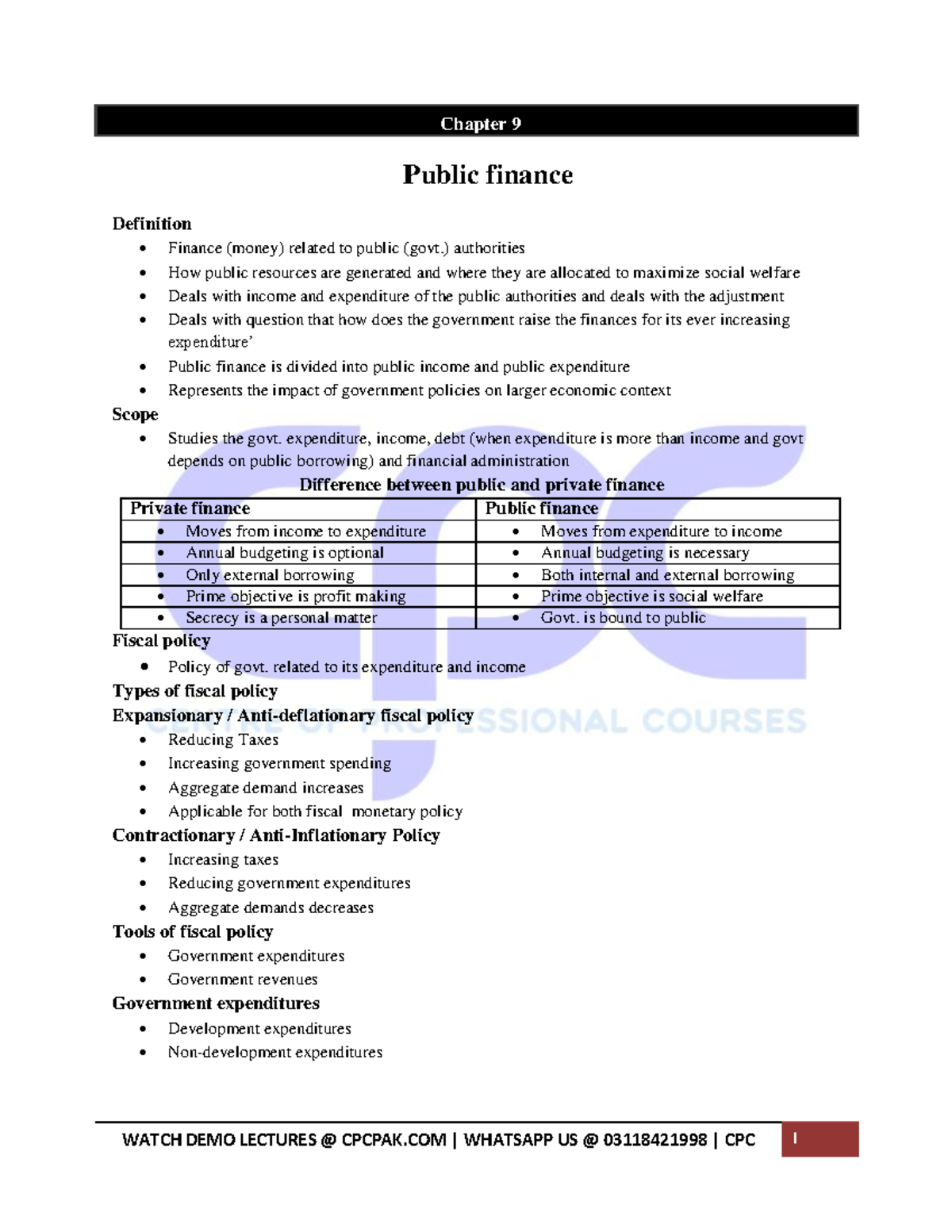 CPC PRC3 CHAP9 Notes Chapter 9 Public finance Definition Finance