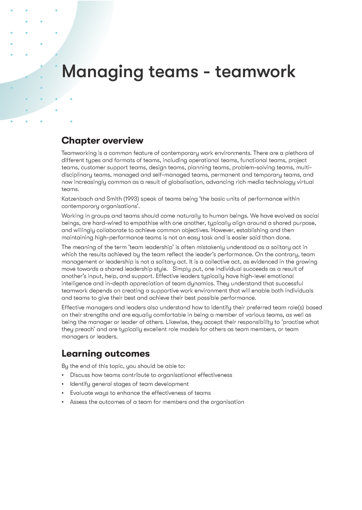 Topic 7 Workbook - Managing teams - teamwork - 1 Chapter overview ...