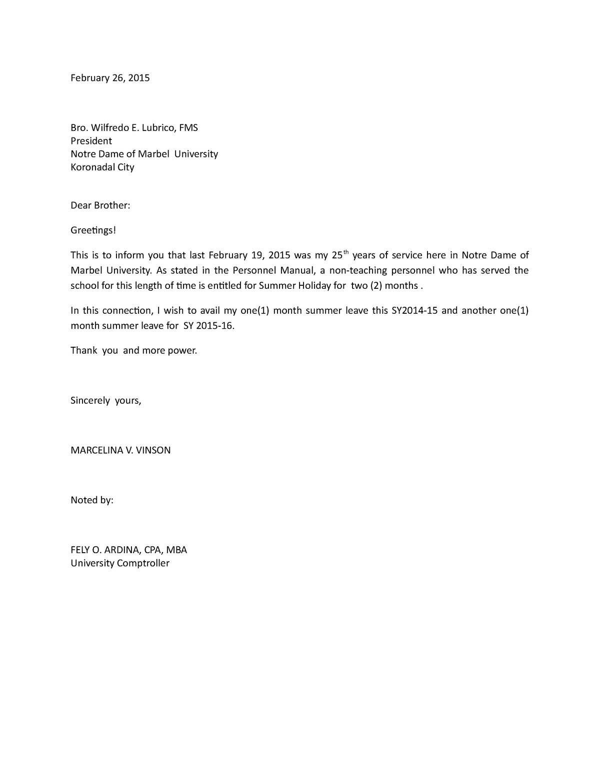 My letter for approval of my sabbathical leave - February 26, 2015 Bro ...