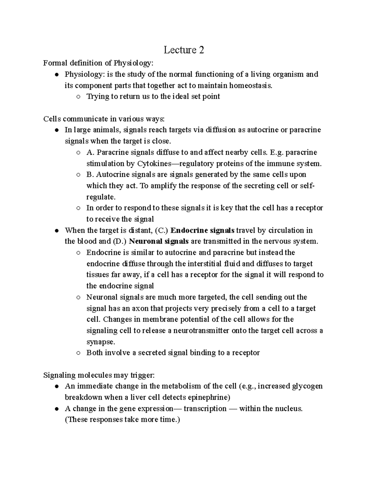 Lecture 2 Dr. Shephard Lecture 2 Formal definition of Physiology