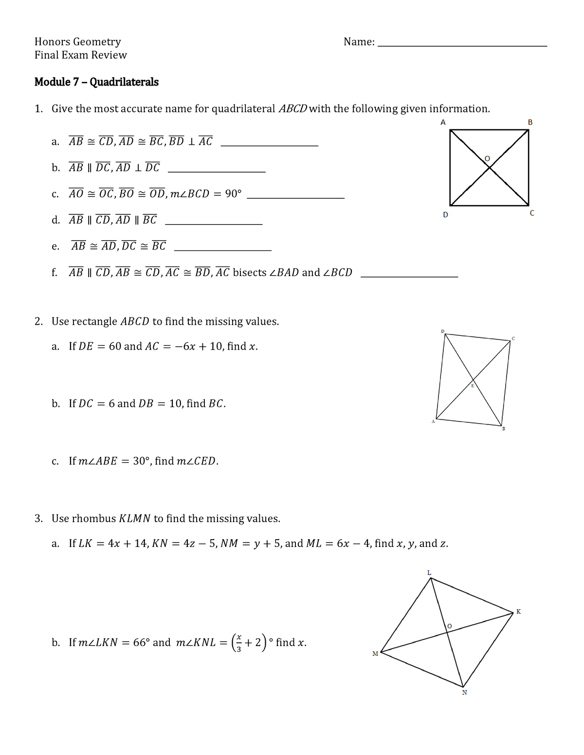 HG - Final Exam Review - Hub - Honors Geometry Name