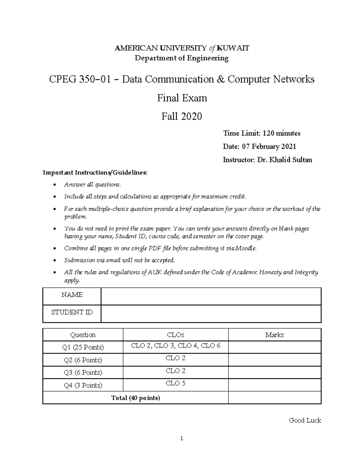 CPEG 350 01 Final Exam FA 2020 - AMERICAN UNIVERSITY of KUWAIT ...