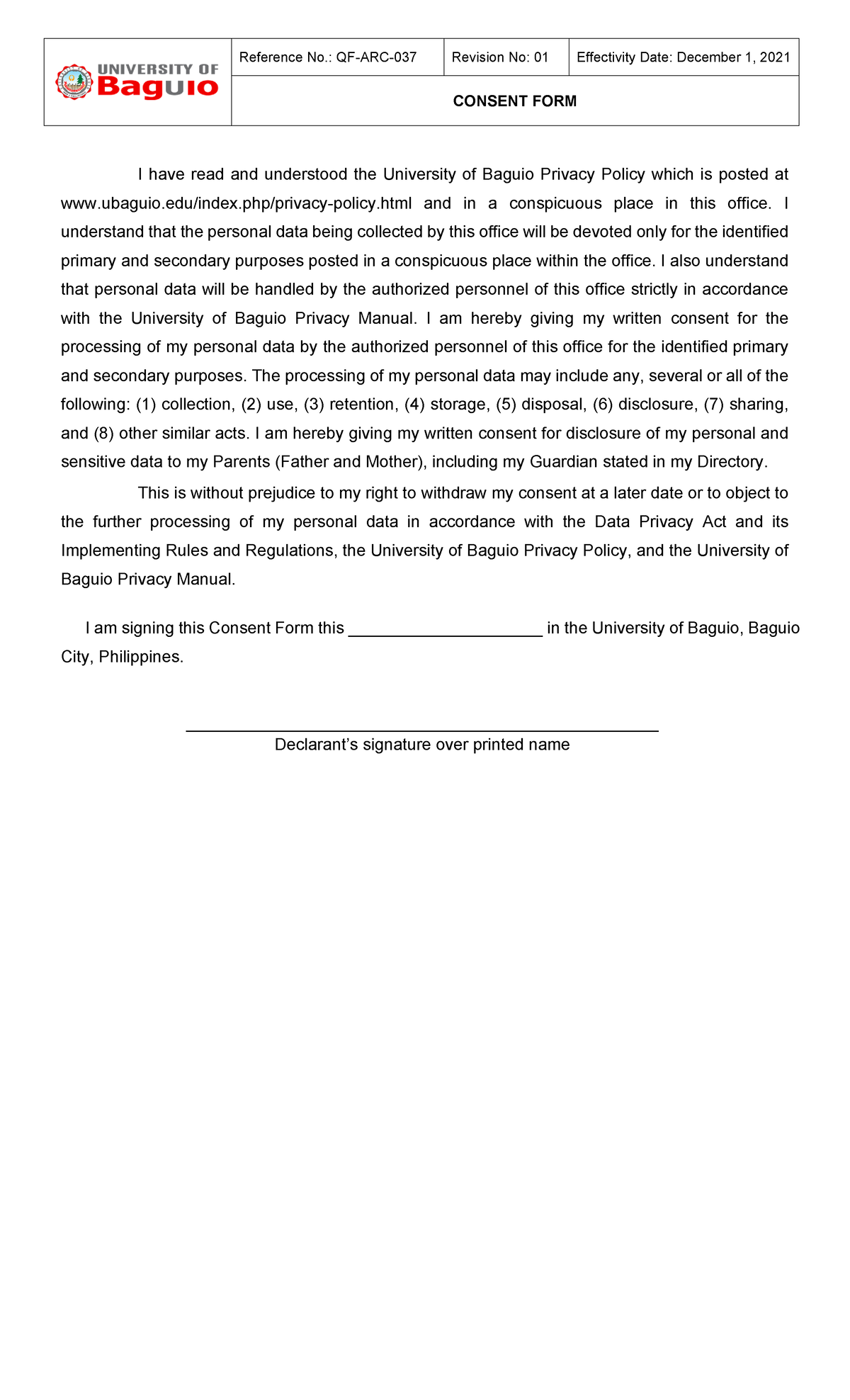 QF-ARC-037 - Consent Form - Reference No.: QF-ARC-037 Revision No: 01 ...