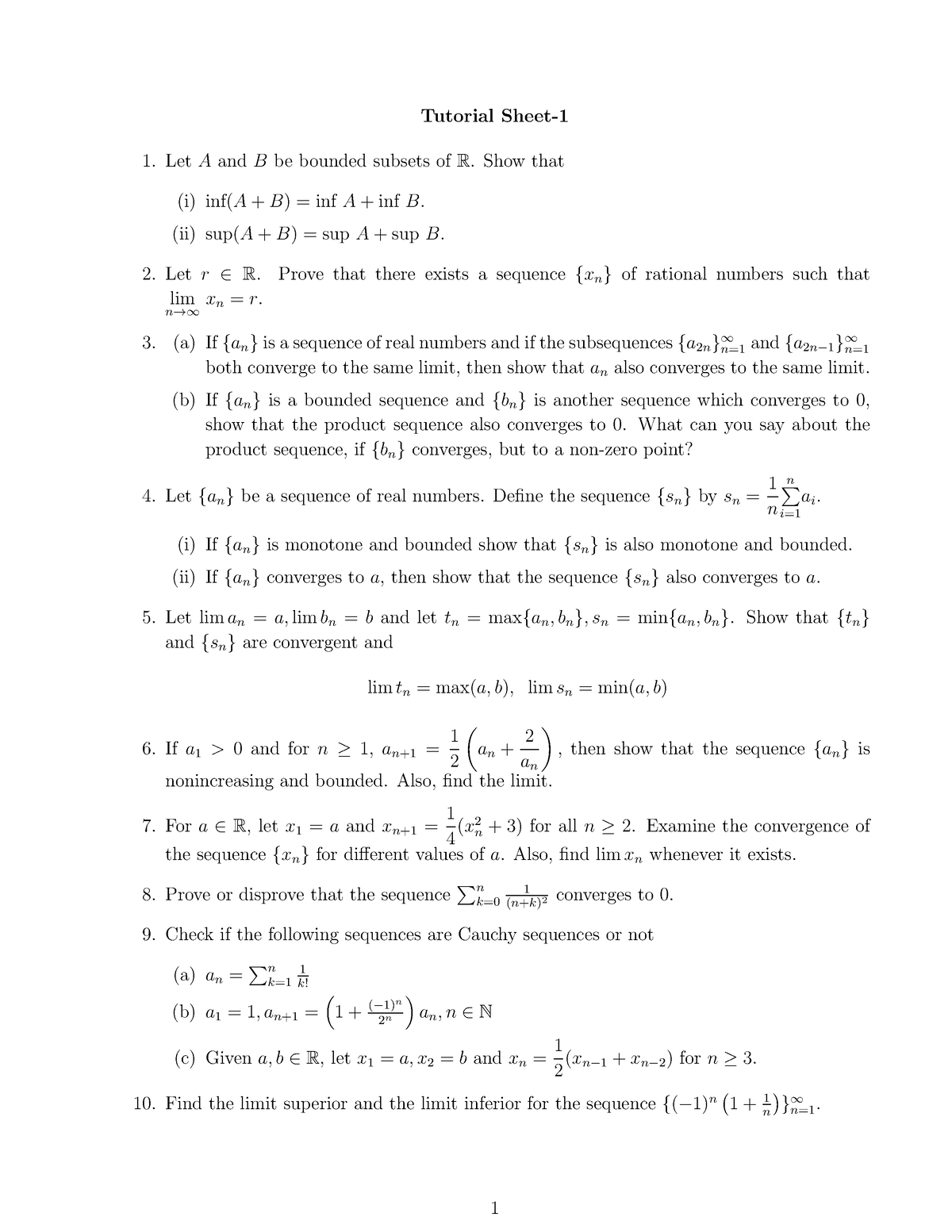 Tut1 - Tutorial Sheet- Let A And B Be Bounded Subsets Of R. Show That ...