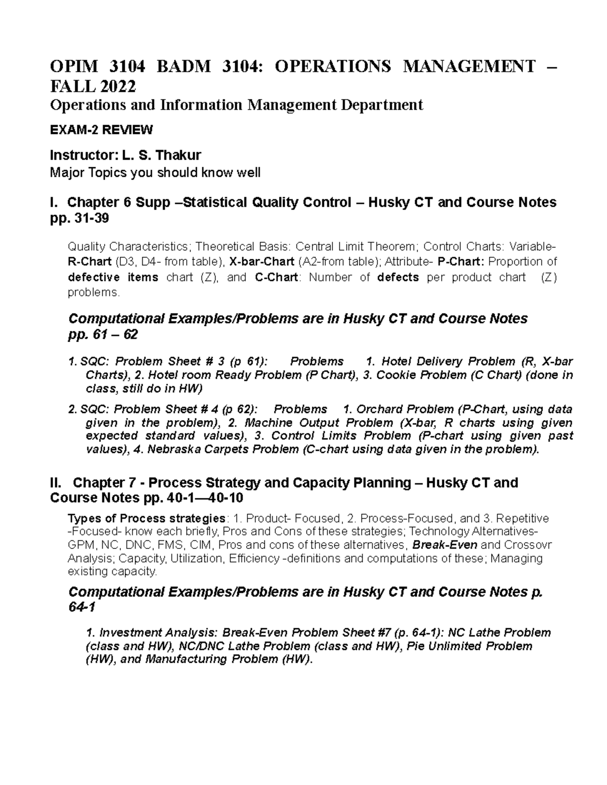 23-OPIM 3104-Exam2- Review-Fall-2022 - OPIM 3104 BADM 3104: OPERATIONS ...