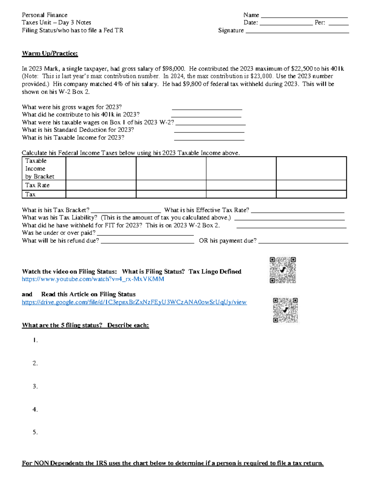 Day 3 Notes HW Filing Status earned and unearned income 2023 - Personal ...