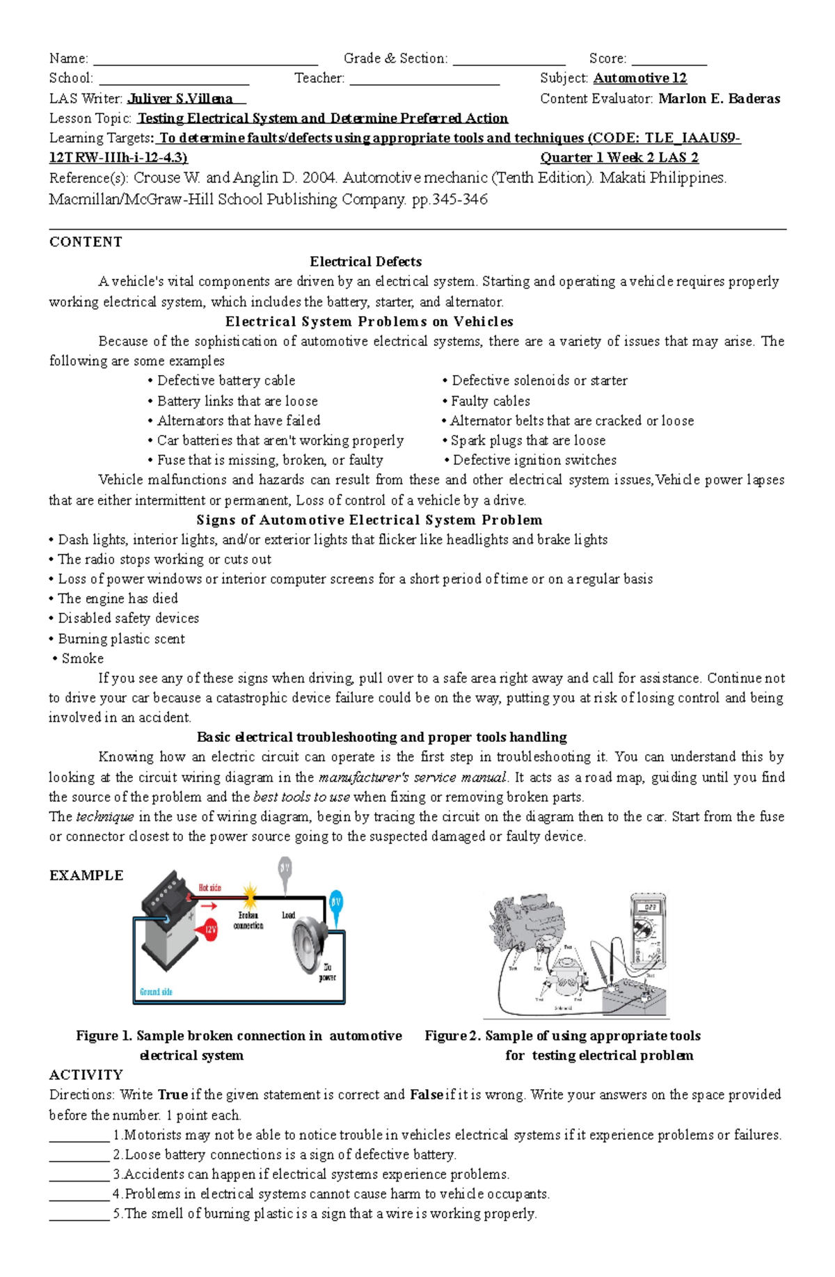 Automotive 12 Quarter 3 - Week 2 LAS 2 - Name ...