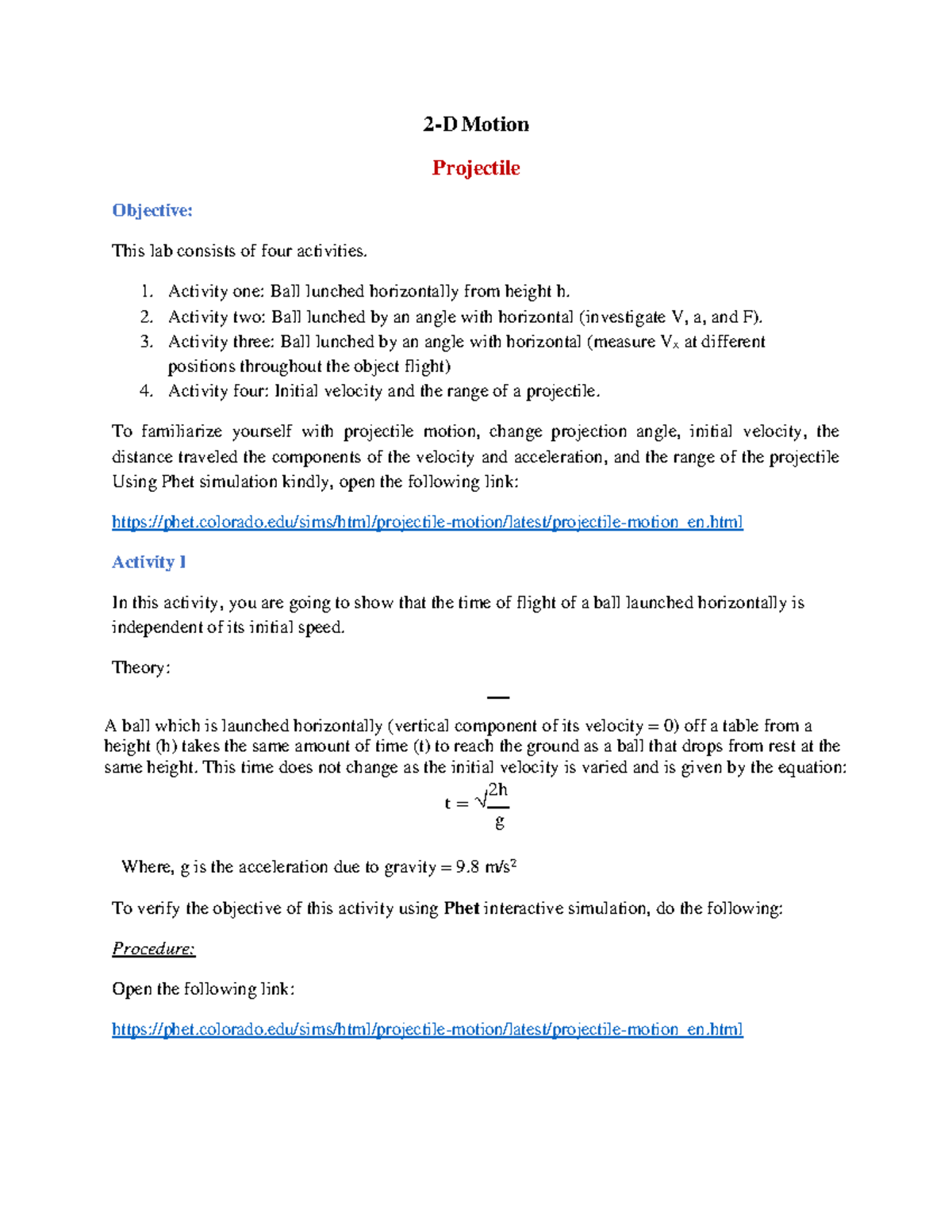 Module 3- Projectiles - PHET Physics Lab - 2 - D Motion Projectile ...