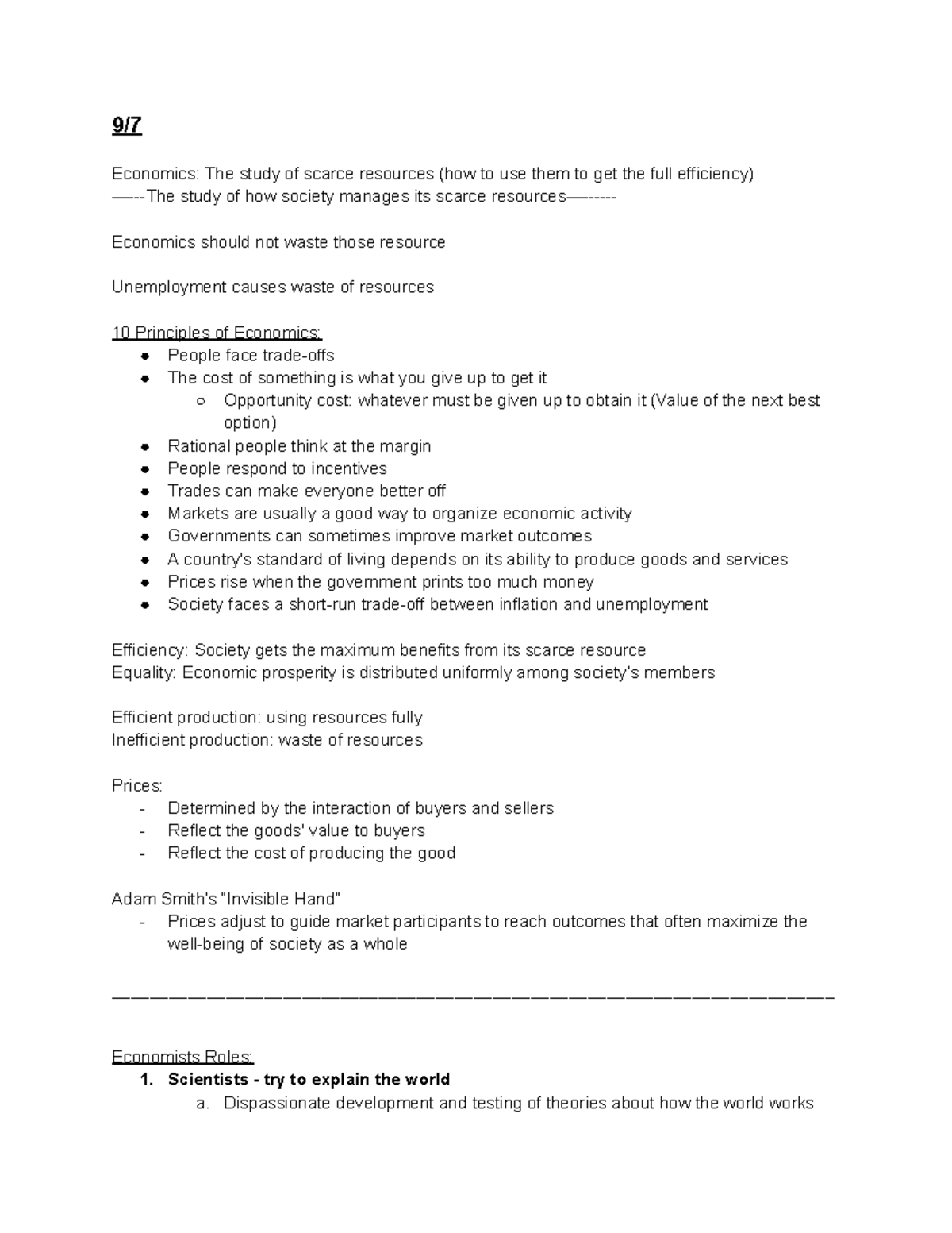 Economics - Lecture notes from class - 9/ Economics: The study of ...