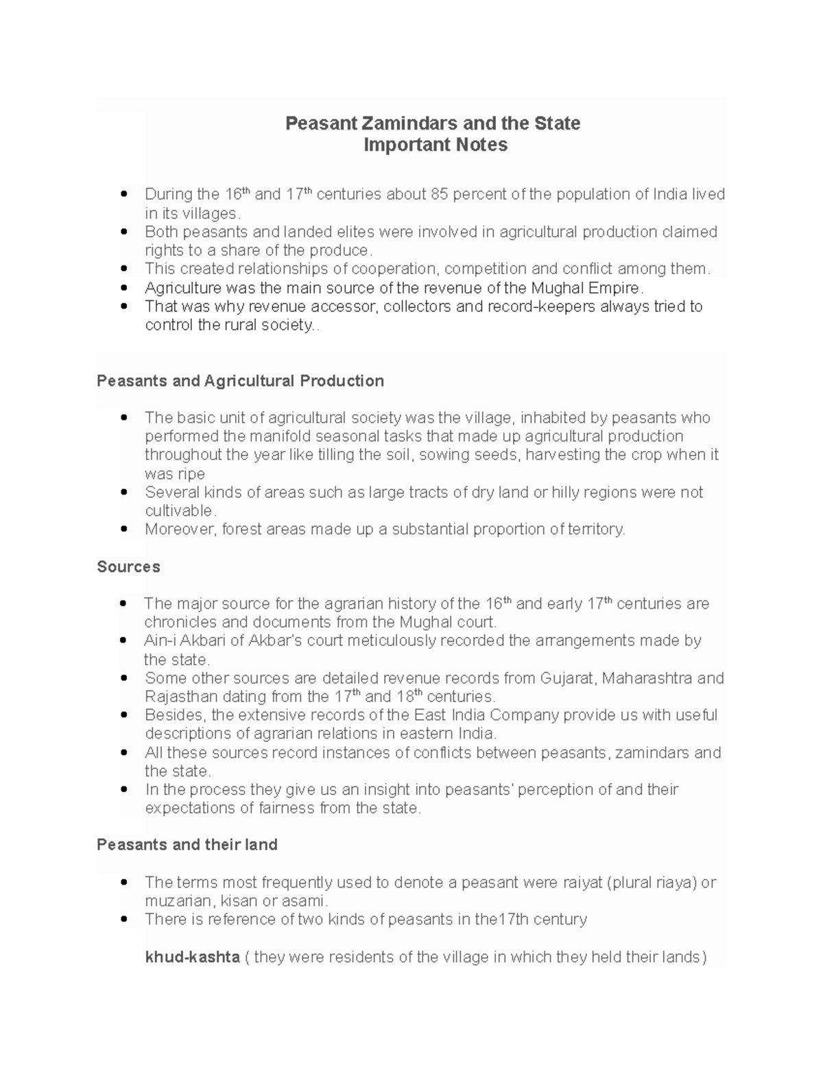 Peasants Zamindars & States Peasant Zamindars and the State Important