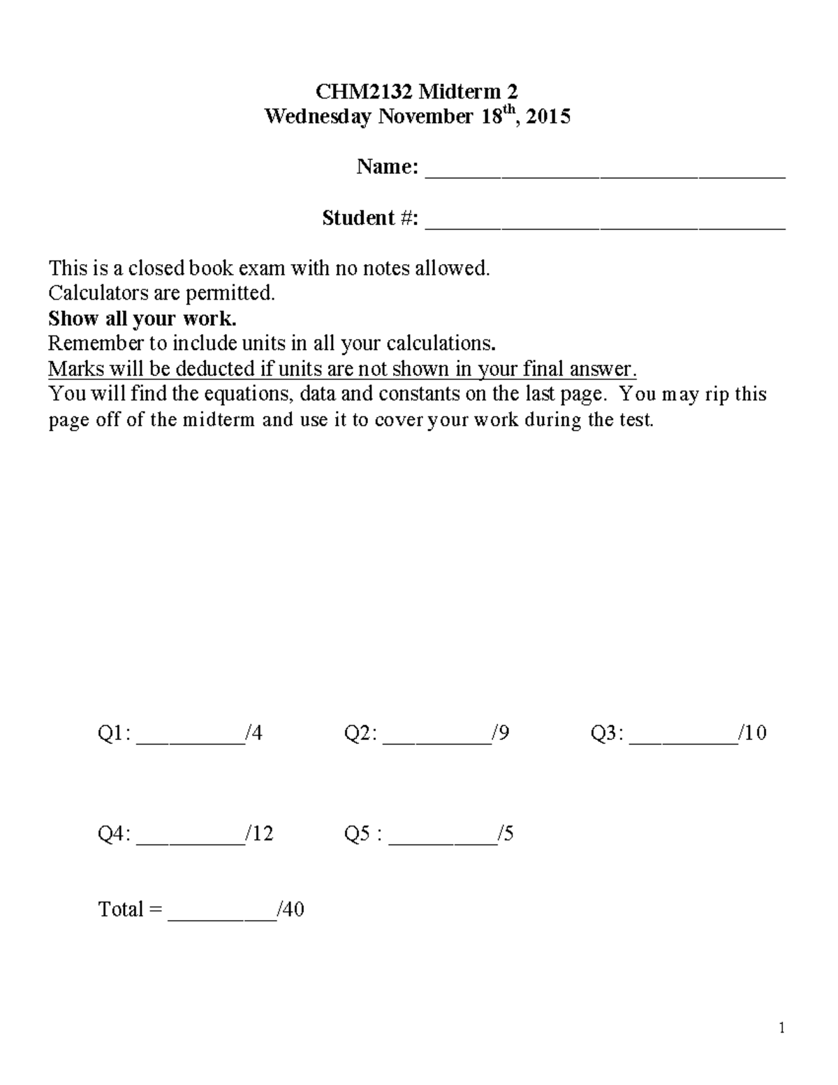 Exam November 2015, Questions And Answers - 1 CHM2132 Midterm 2 ...