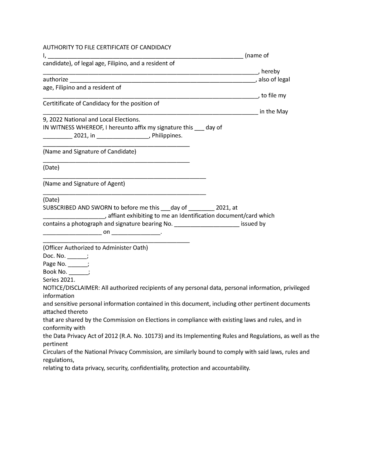 Authority to file certificate of candidacy - AUTHORITY TO FILE ...