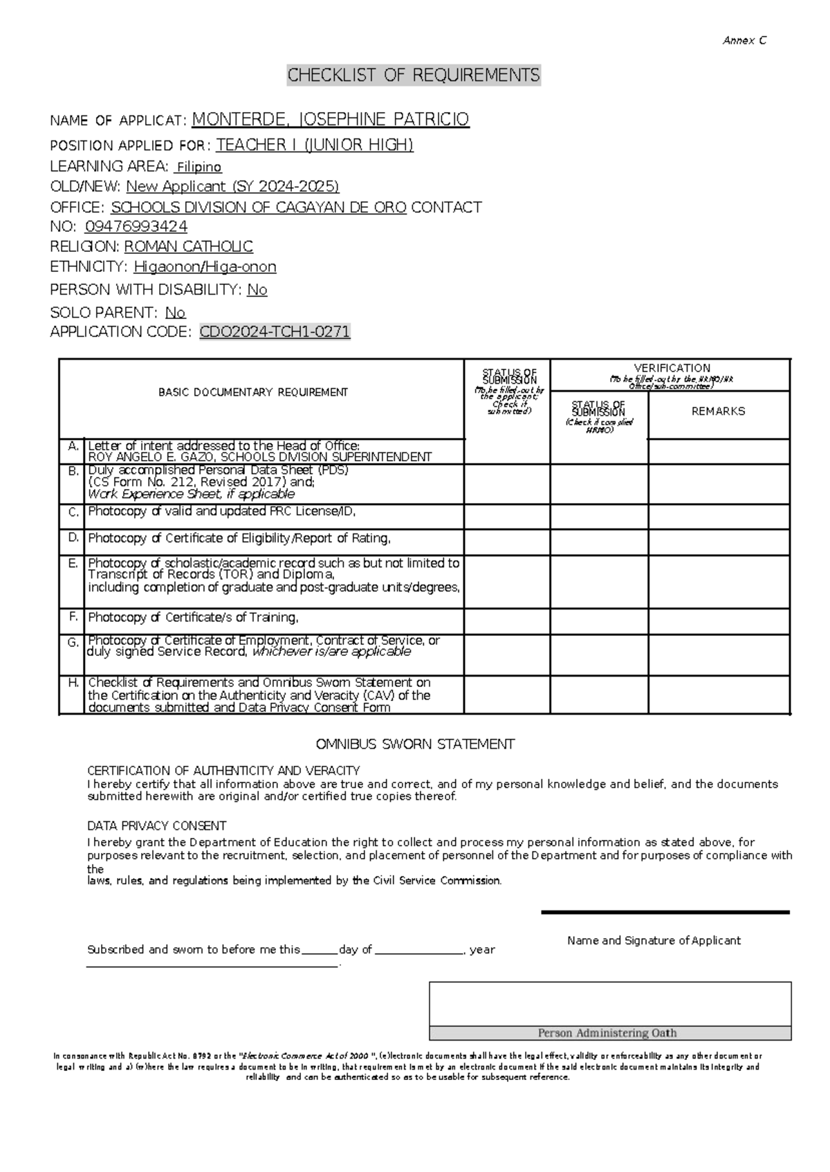 Teacher I ( Junior HIGH) - Annex C CHECKLIST OF REQUIREMENTS NAME OF ...