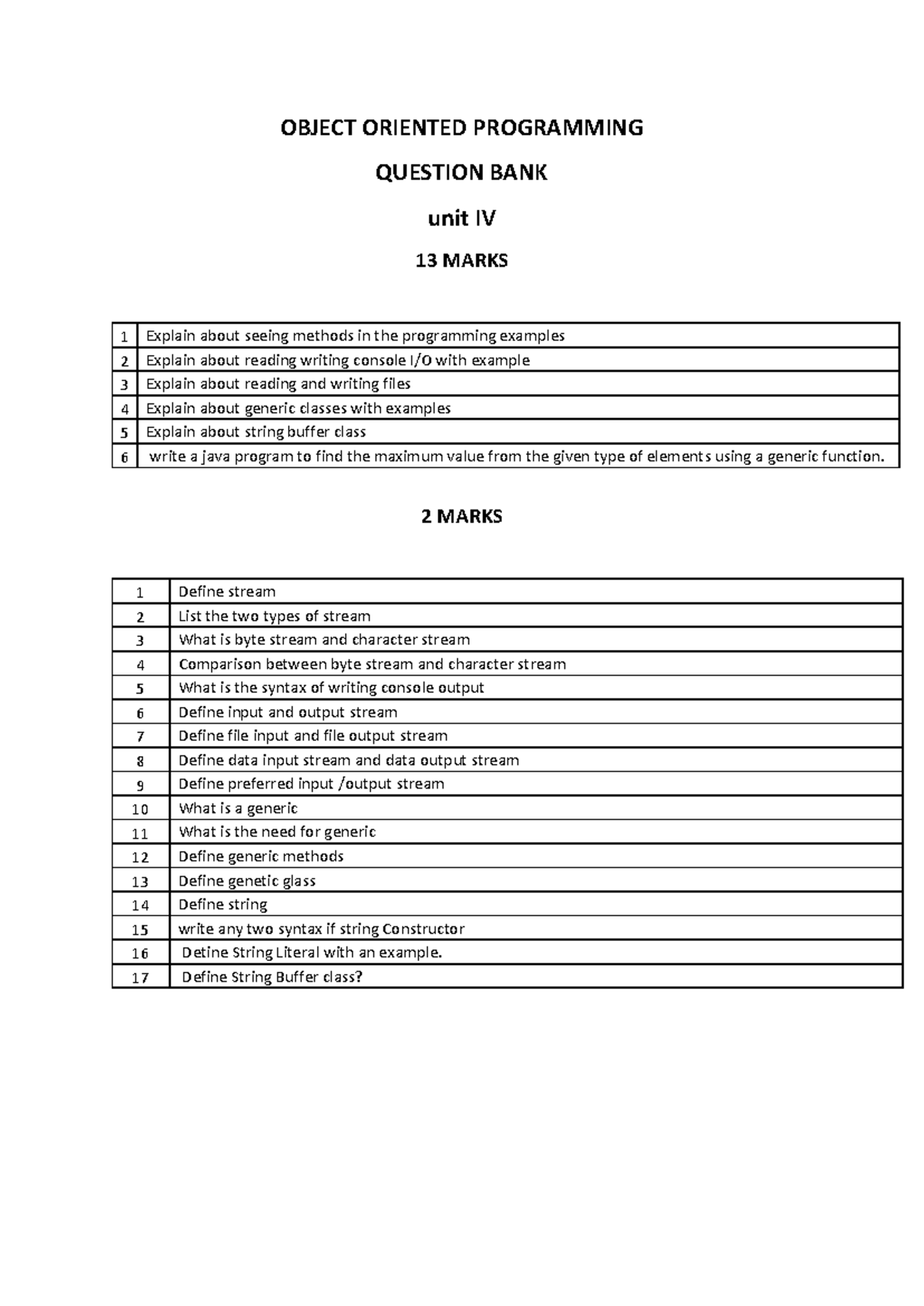 Question BANK FOR EXAMS - OBJECT ORIENTED PROGRAMMING QUESTION BANK ...
