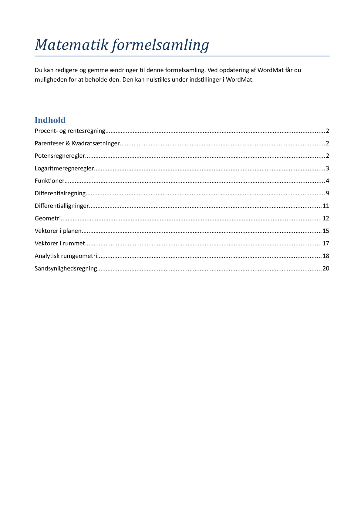 Matematik Formelsamling - Matematik Formelsamling Indhold Procent- Og ...