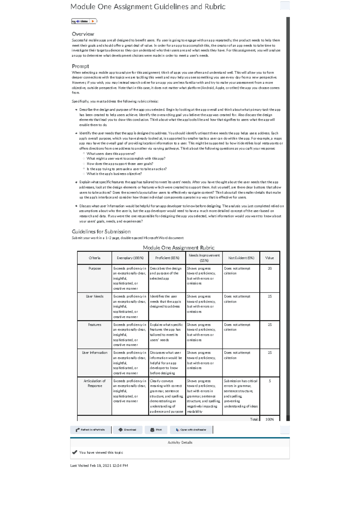 Module 1 Assignment Guidelines and Rubric - Reflect in ePor olio ...