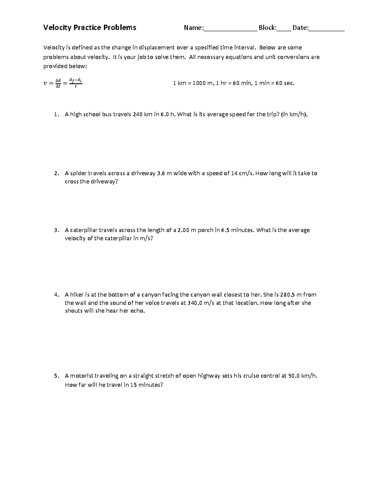 Velocity Worksheet - Velocity Practice Problems Name ...