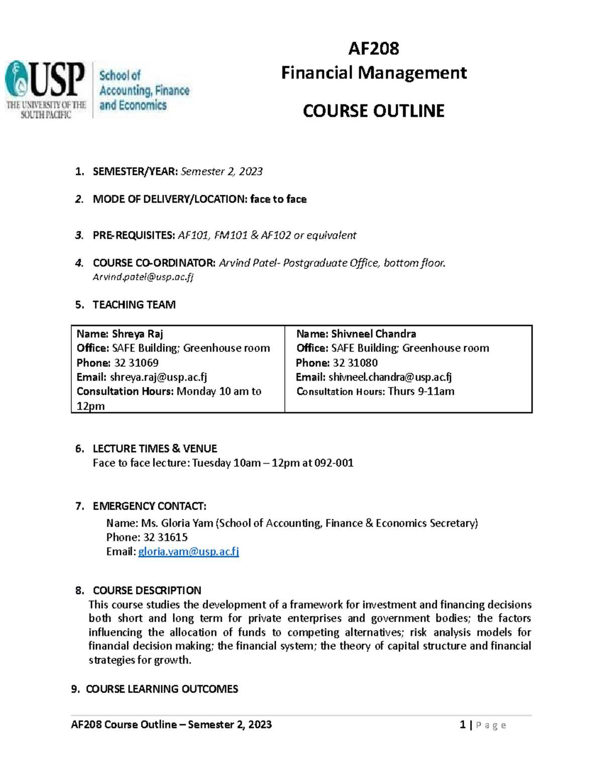 AF208 Course Outline clo AF Financial Management COURSE OUTLINE SEMESTER/YEAR Semester 2