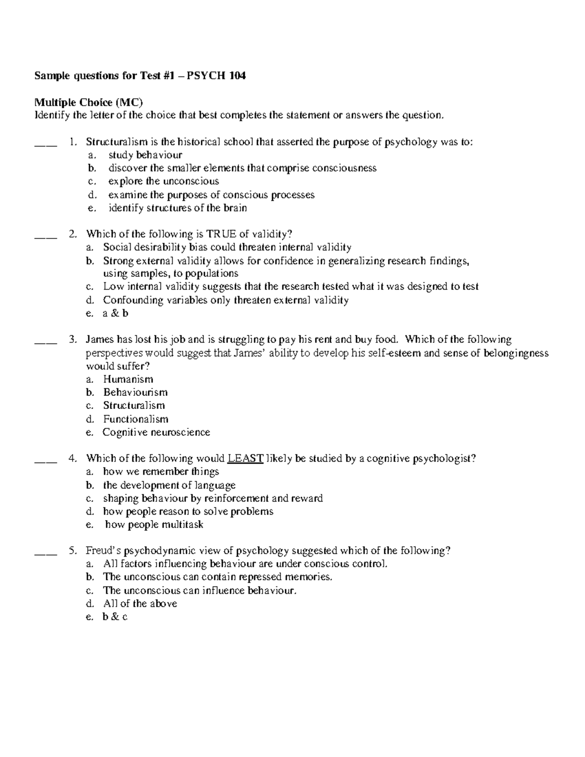 Test #1 Sample Questions - Sample Questions For Test #1 – PSYCH 104 ...