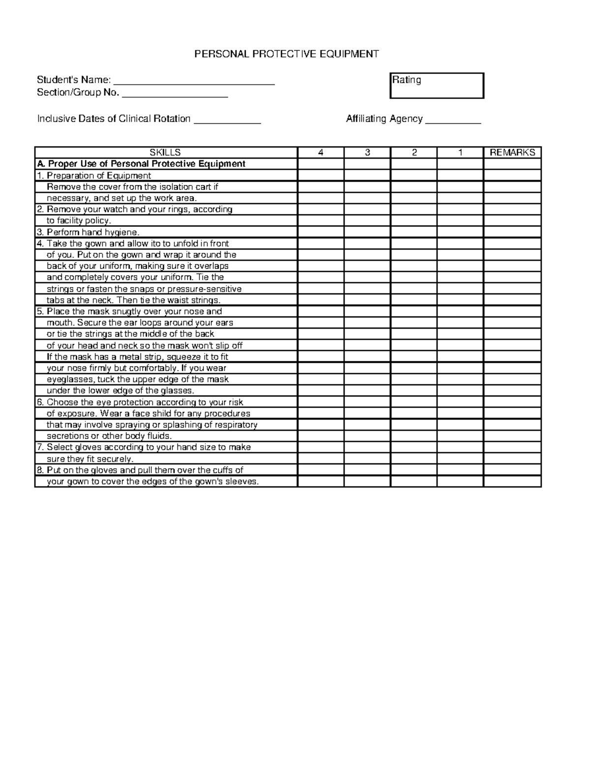 PPE Checklist - Student's Name: _____________________________ Rating ...