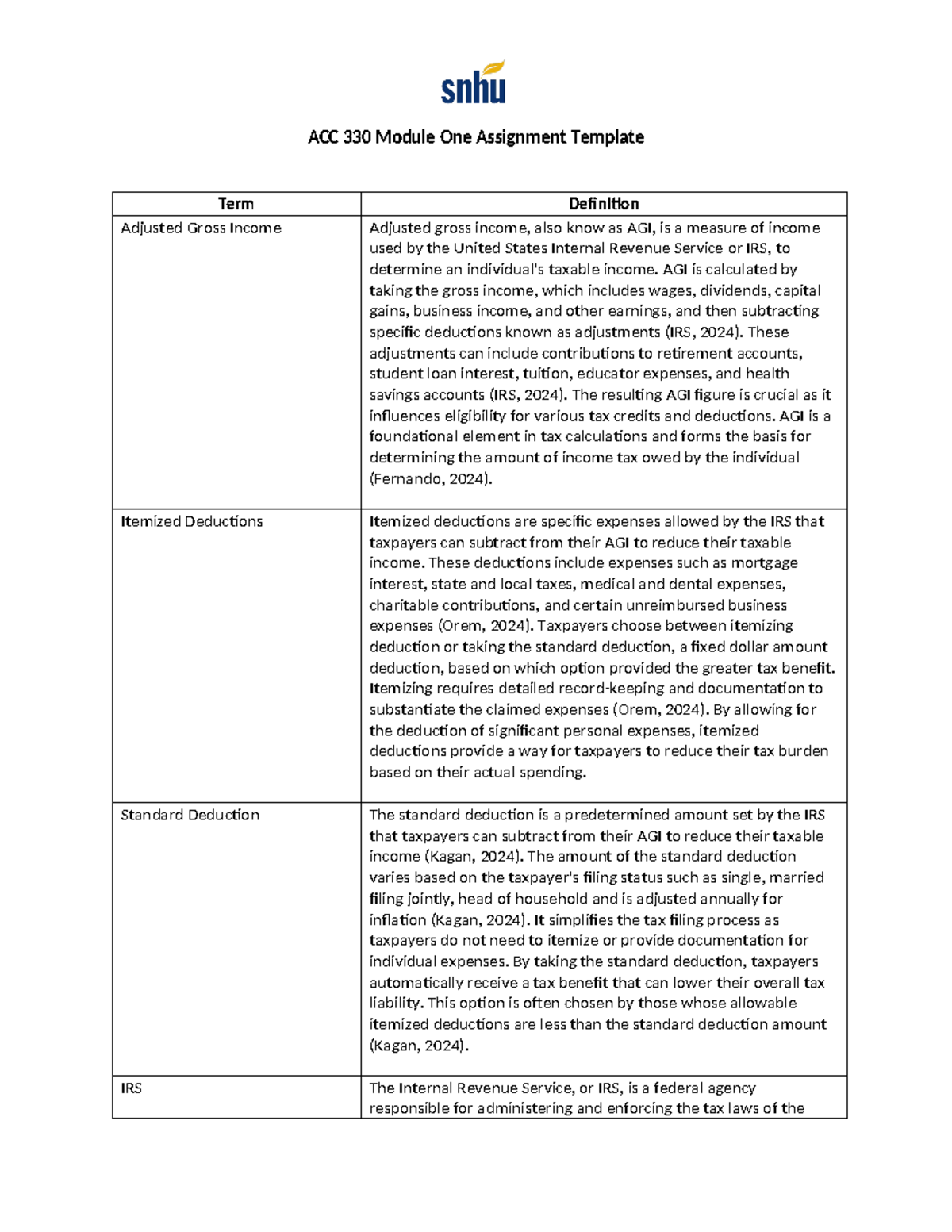 ACC 330 Module One Assignment Template - ACC 330 Module One Assignment ...