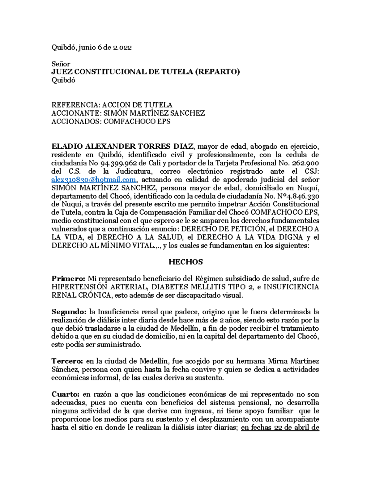 Accion De Tutela - Quibdó, Junio 6 De 2 Señor JUEZ CONSTITUCIONAL DE ...