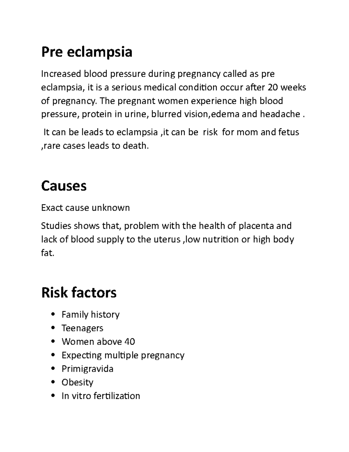 Document (17) pre eclampsia Pre eclampsia Increased blood pressure