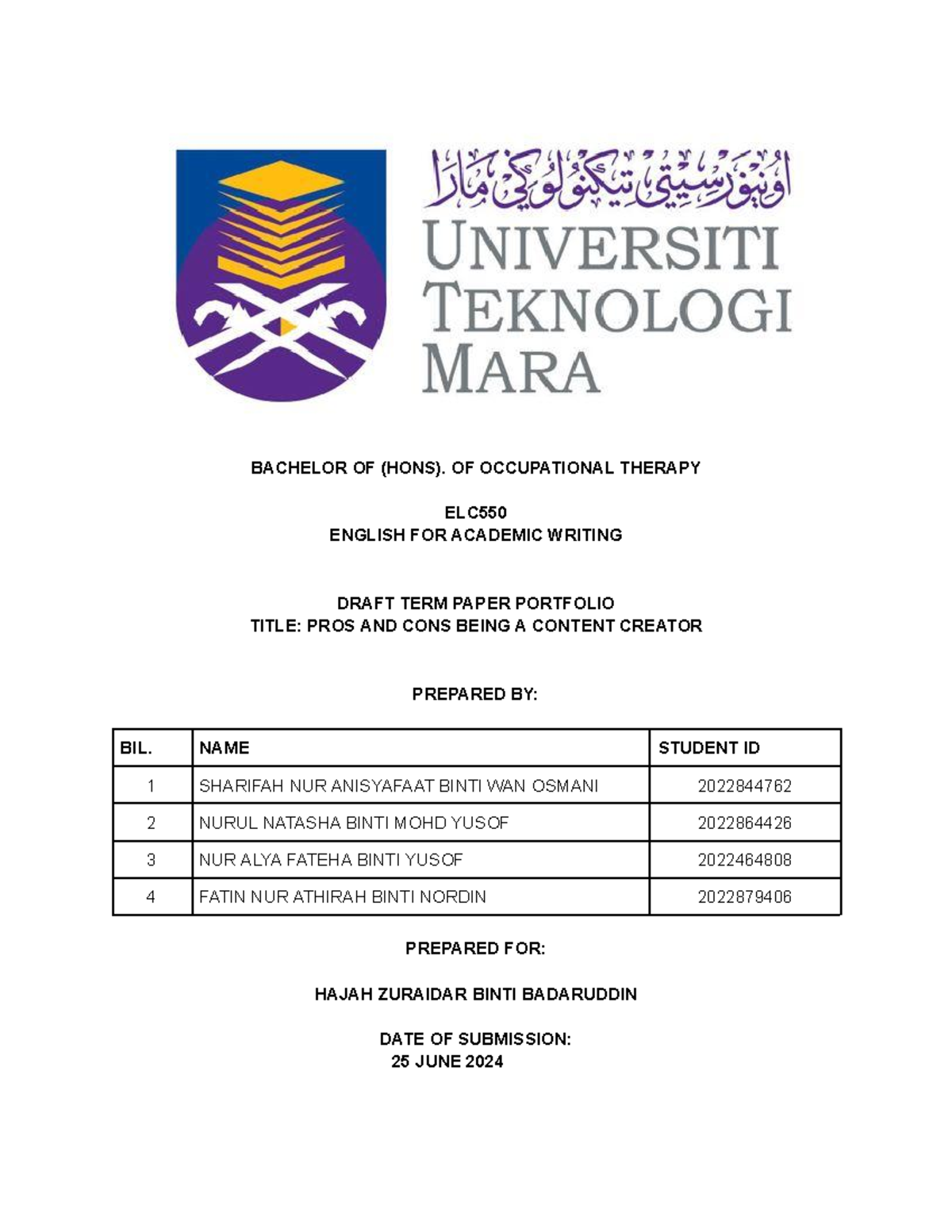 Draft TERM Paper Being A Content Creator - BACHELOR OF (HONS). OF ...