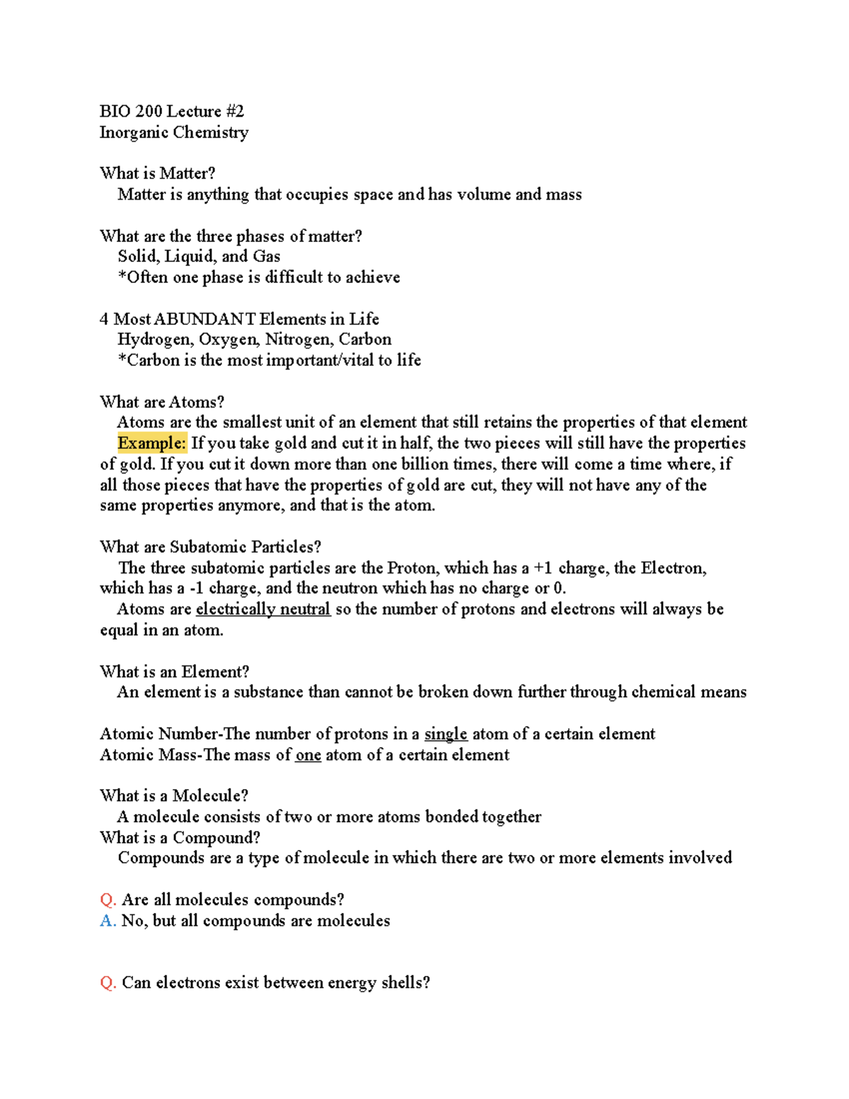 BIO 200 Lecture #2 - These are notes from a Foundations of Biology I ...