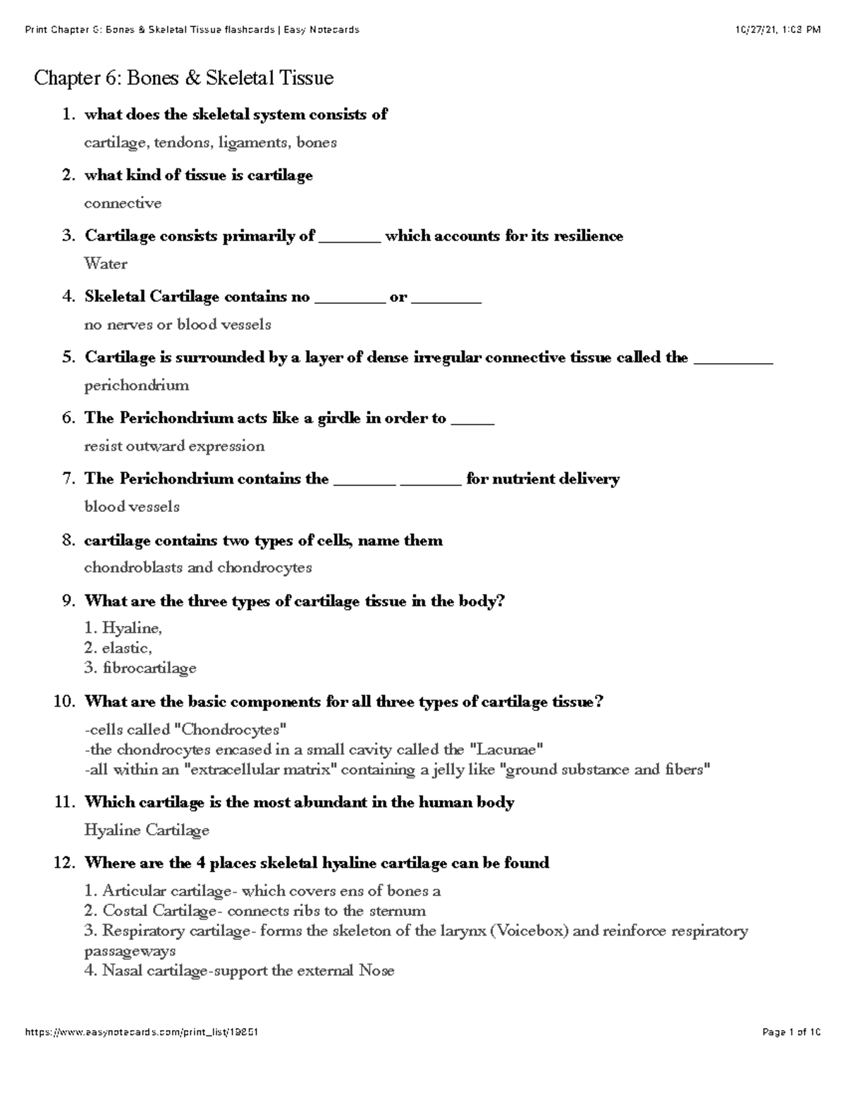 Print Chapter 6: Bones & Skeletal Tissue flashcards Easy Notecards - 1 ...