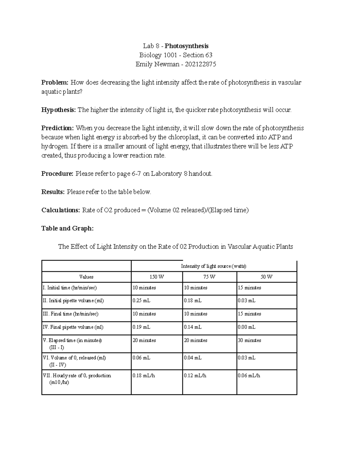 Lab 8 Photosynthesis lab Lab 8 Photosynthesis Biology 1001
