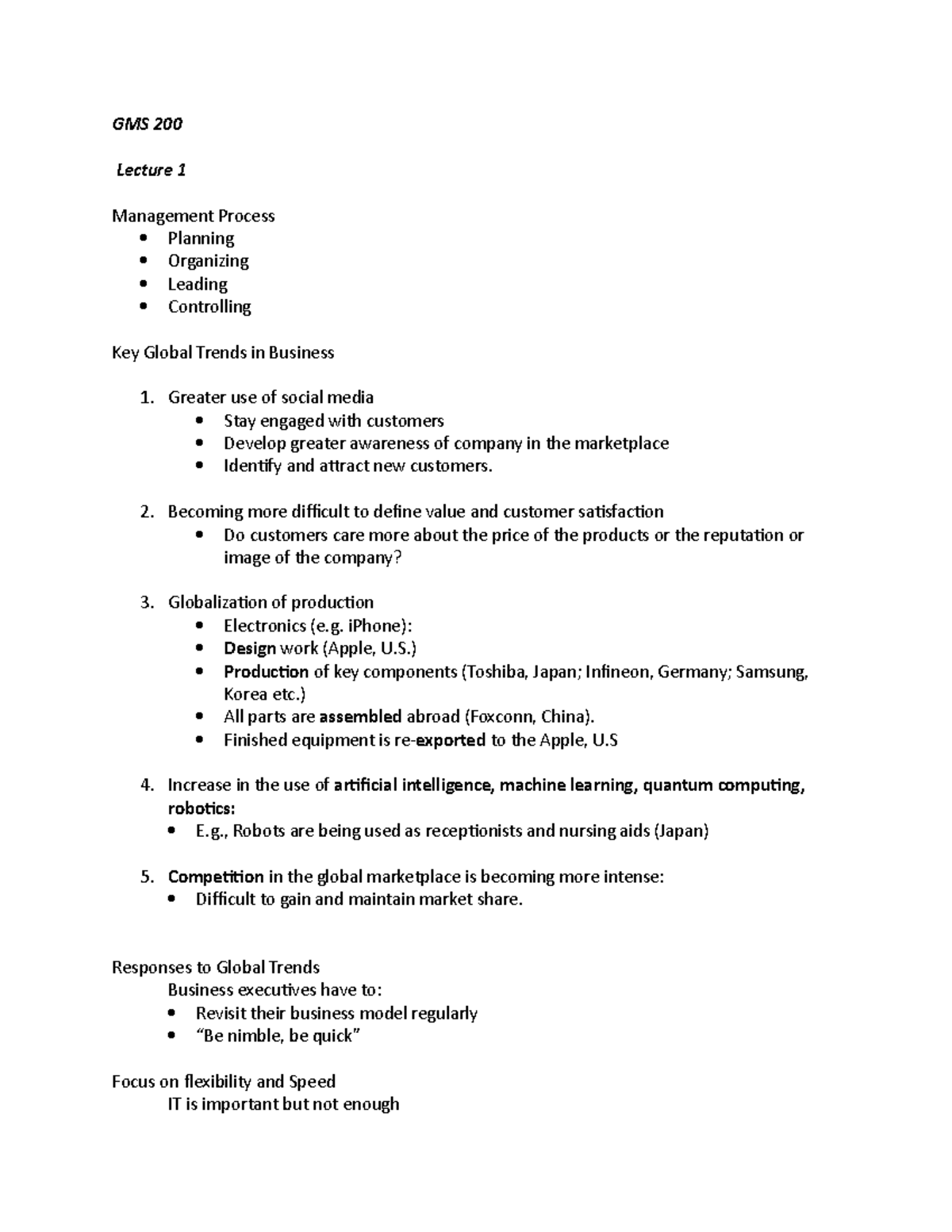 GMS Notes - GMS 200 Lecture 1 Management Process Planning Organizing ...