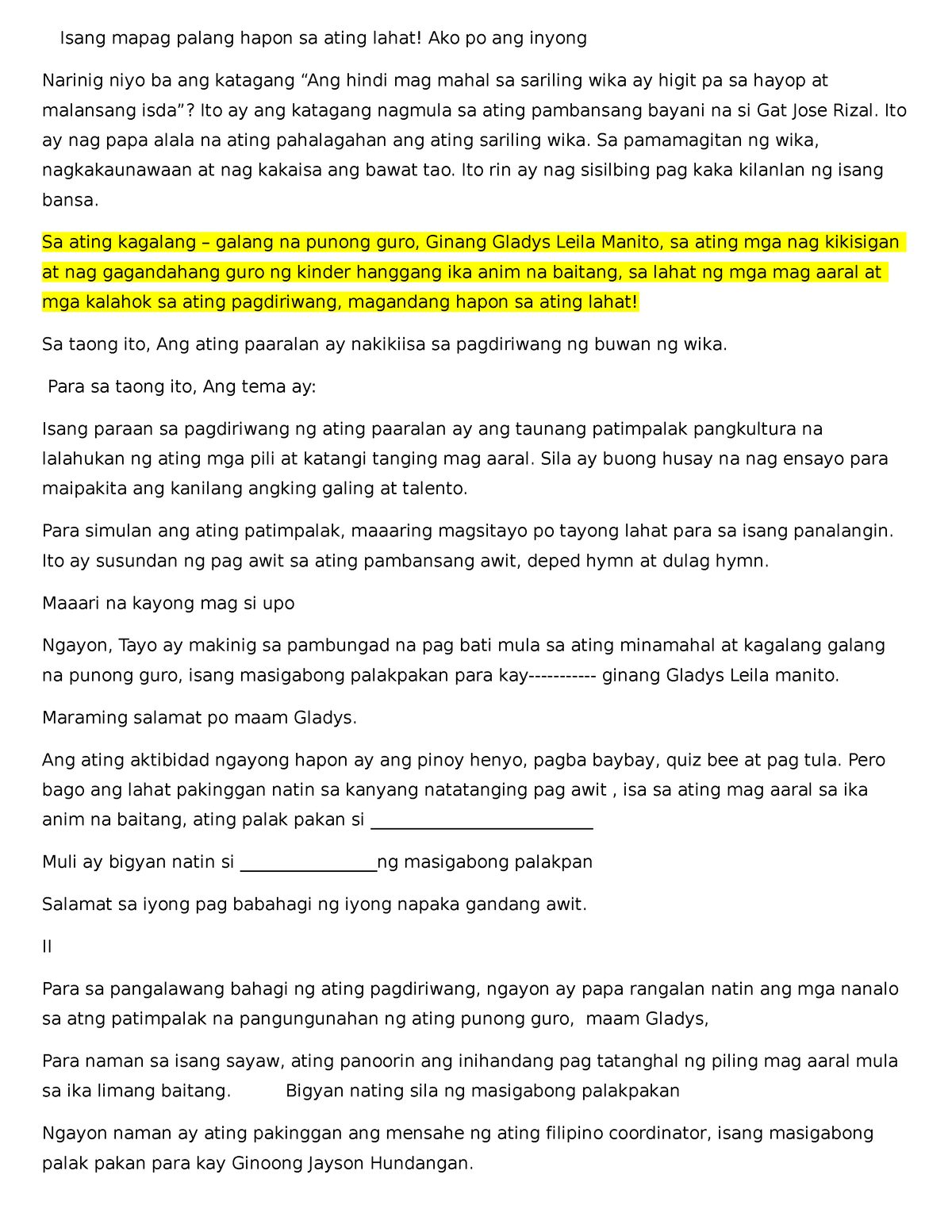 Emcee Fil - SCRIPT - Isang Mapag Palang Hapon Sa Ating Lahat! Ako Po ...