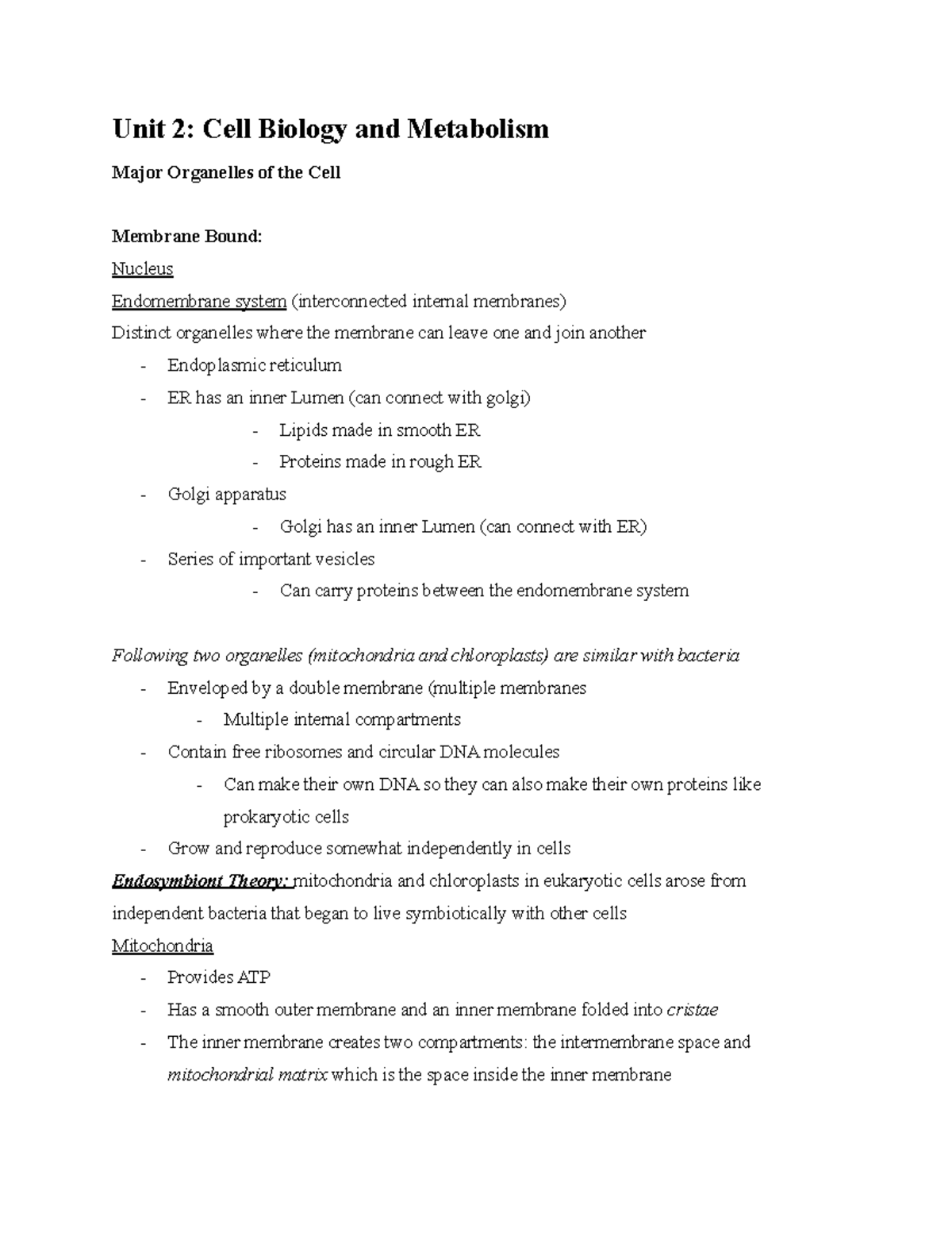 BSC2010 Notes For Exam 2 - Unit 2: Cell Biology And Metabolism Major ...