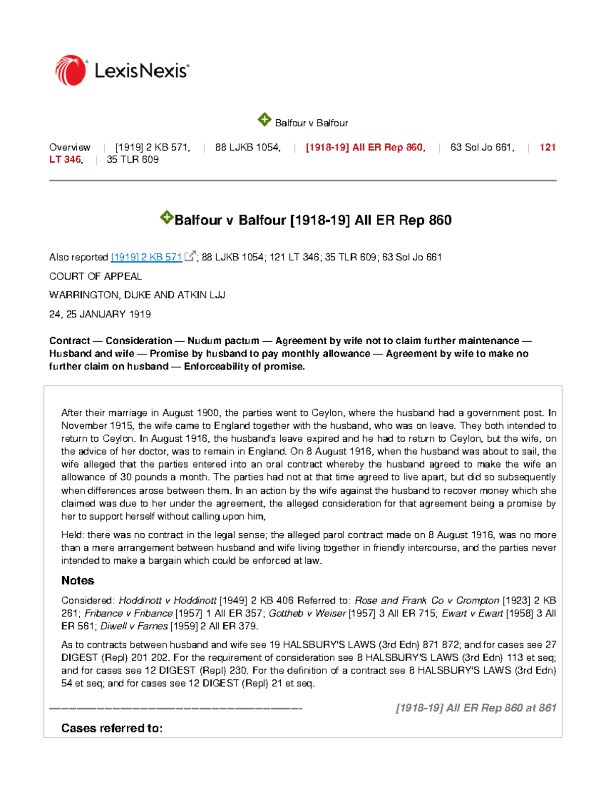 Balfour v Balfour [191819] All ER Rep 860, [191819] All ER Rep 860 2