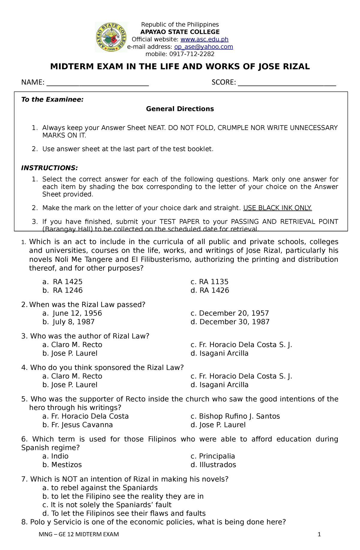 GE 12 MID EXAMmidterm - Republic Of The Philippines APAYAO STATE ...