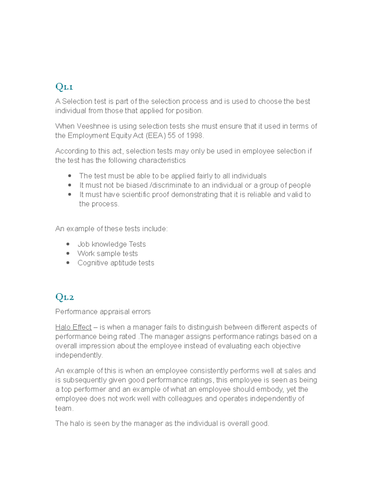 HRM1501 Assign 02 - Q1. A Selection test is part of the selection ...