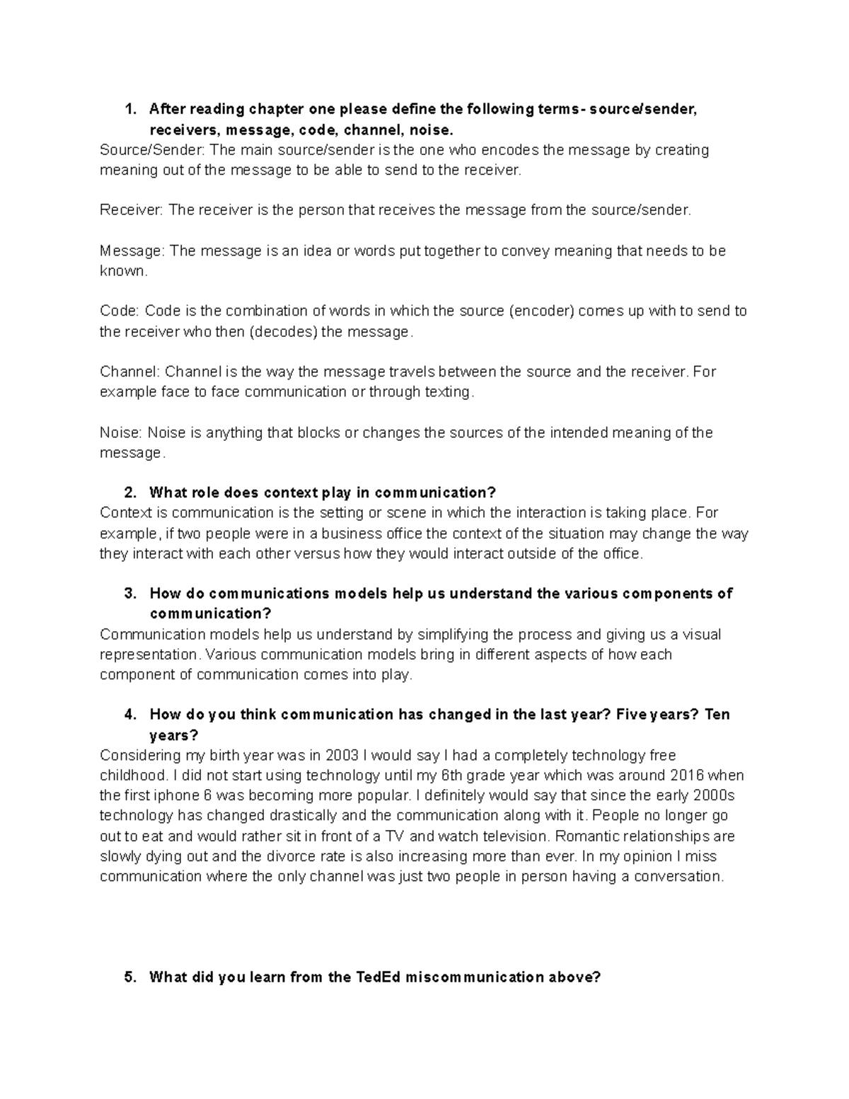 Communication model - After reading chapter one please define the