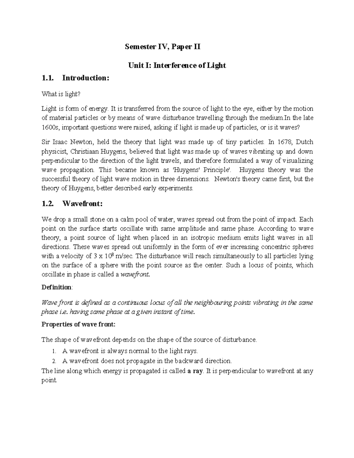 Interference of Light (C - Semester IV, Paper II Unit I: Interference ...