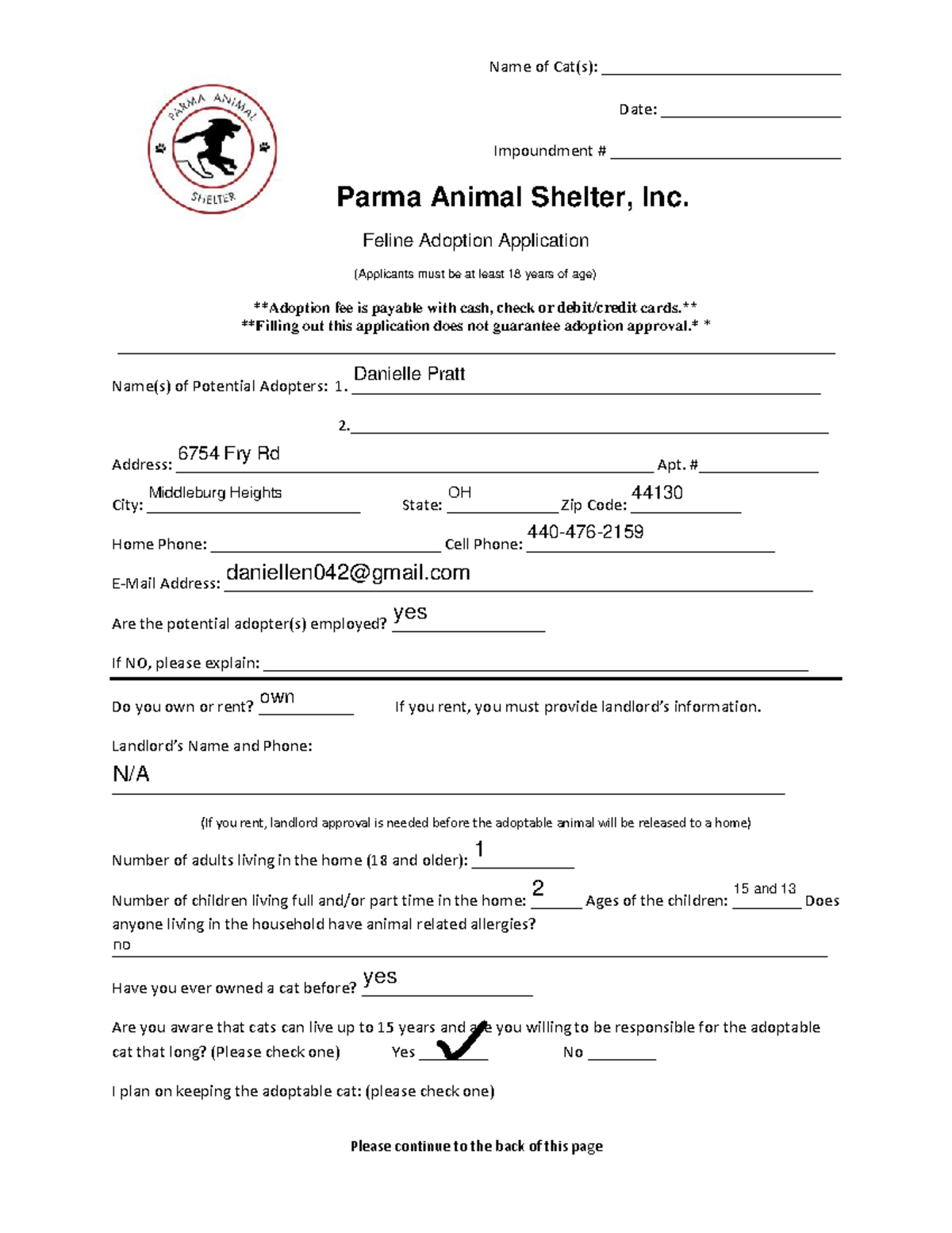 Feline Adoption Application 2016 fillable form - Name of Cat(s