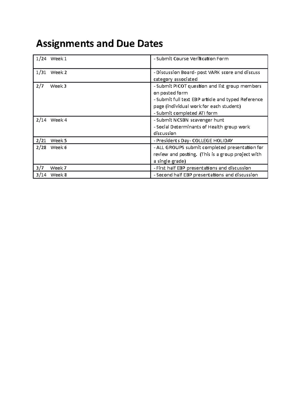 Assignments and Due Dates G - Assignments and Due Dates 1/24 Week 1 ...