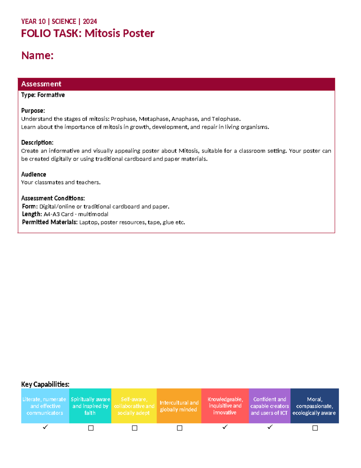 Formative Task-Mitosis Poster-Year 10 Science - YEAR 10 | SCIENCE ...