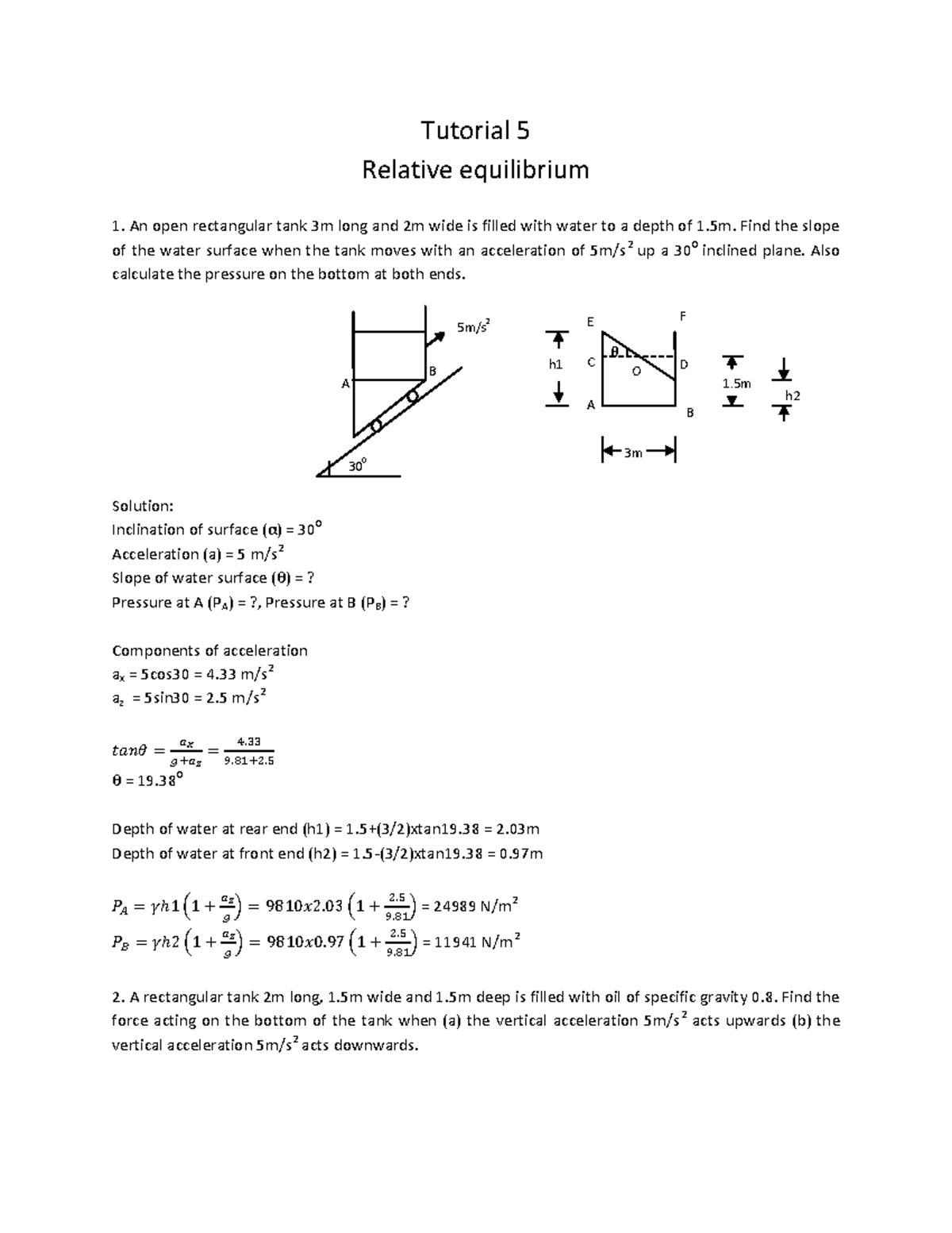Pdfcoffee Fluid Mechanics Tutorial 5 Relative equilibrium An open