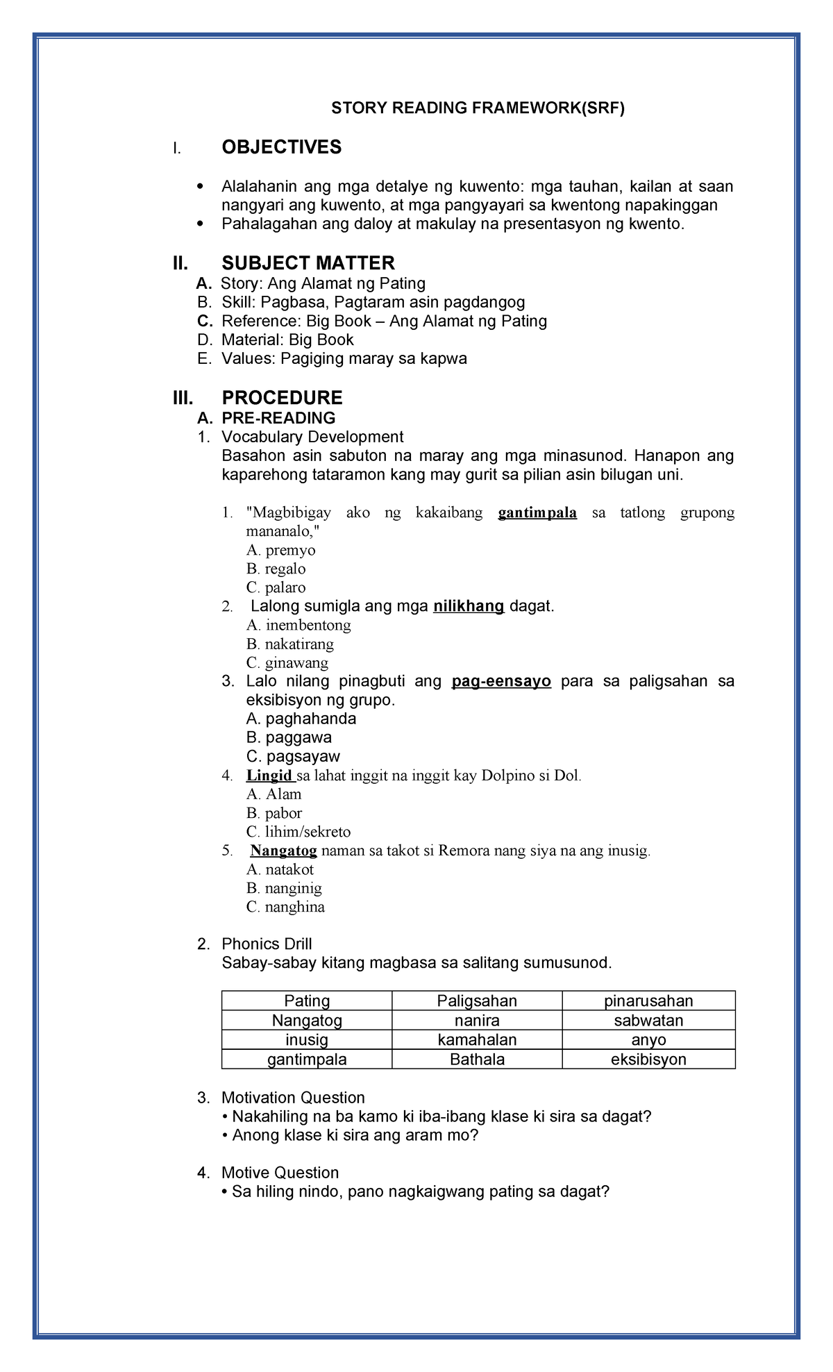 SRF Lesson Plan This Is A Very Big Help STORY READING FRAMEWORK