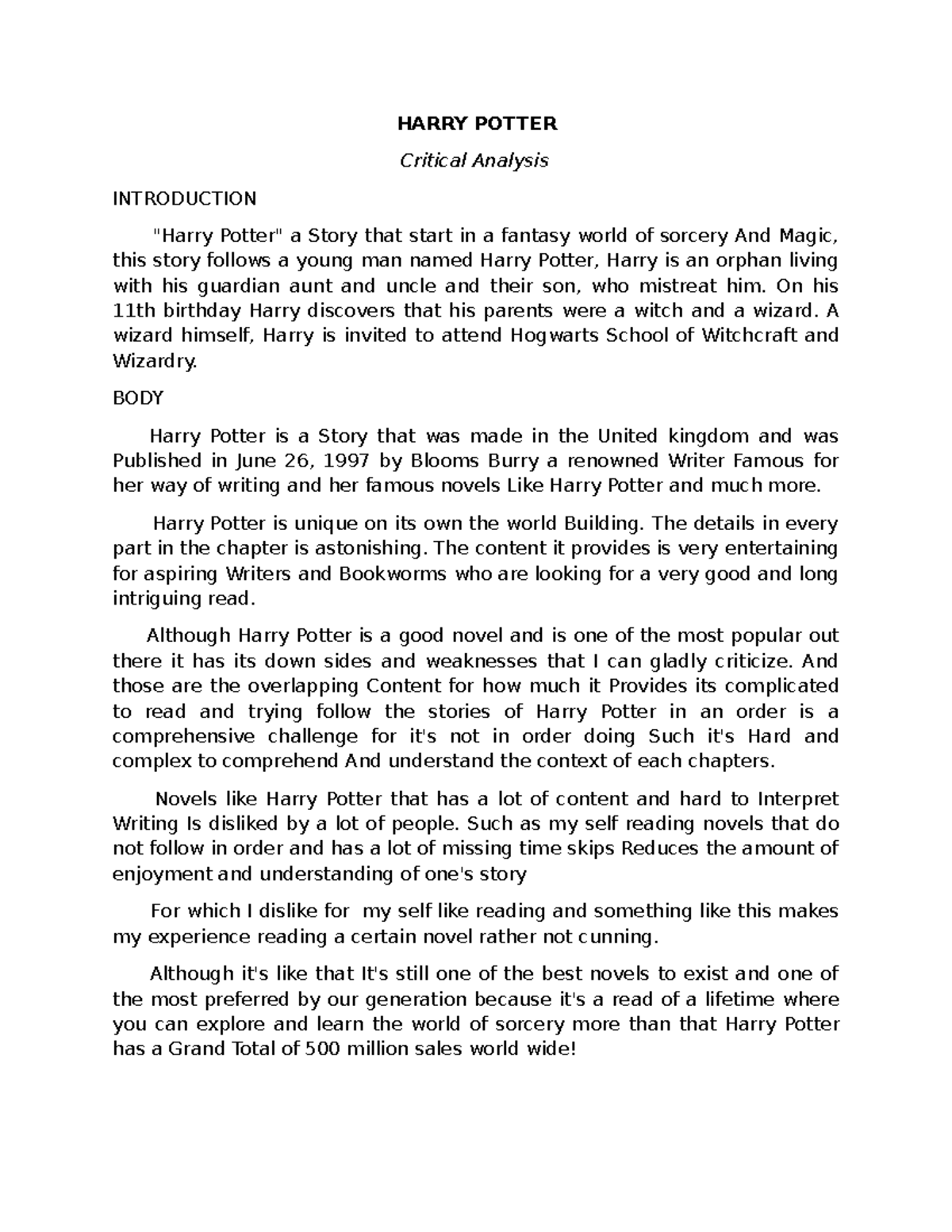 Dwyn Critical Reading - Summary Harry Potter y La Cámara Secreta ...