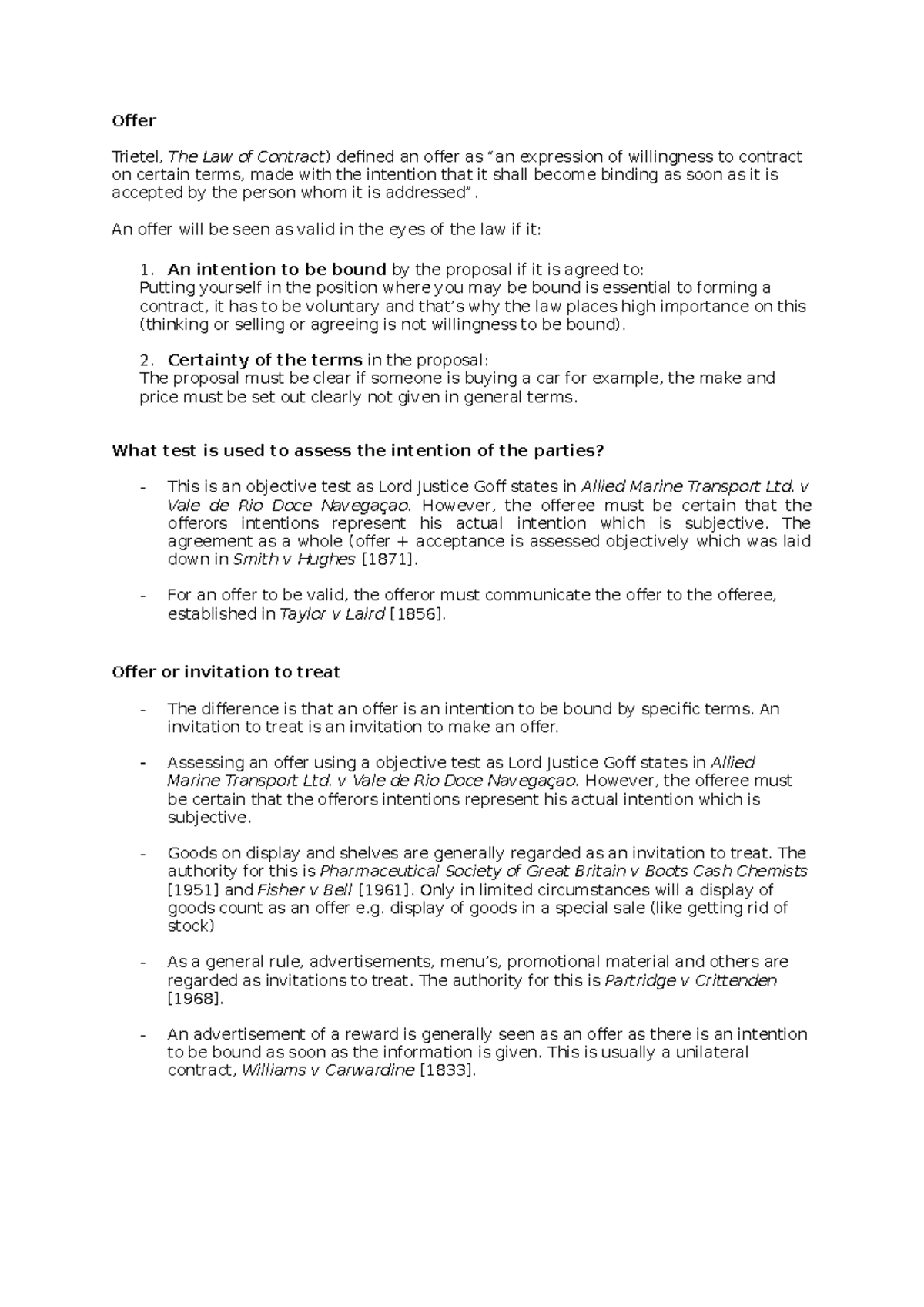 Offer and Acceptance - Offer Trietel, The Law of Contract) defined an ...
